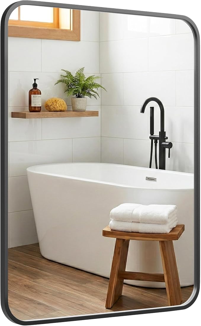 24x36 Inch Matte Black Bathroom Vanity Mirrors | Flush Mount Deep Set Metal by Pocetry