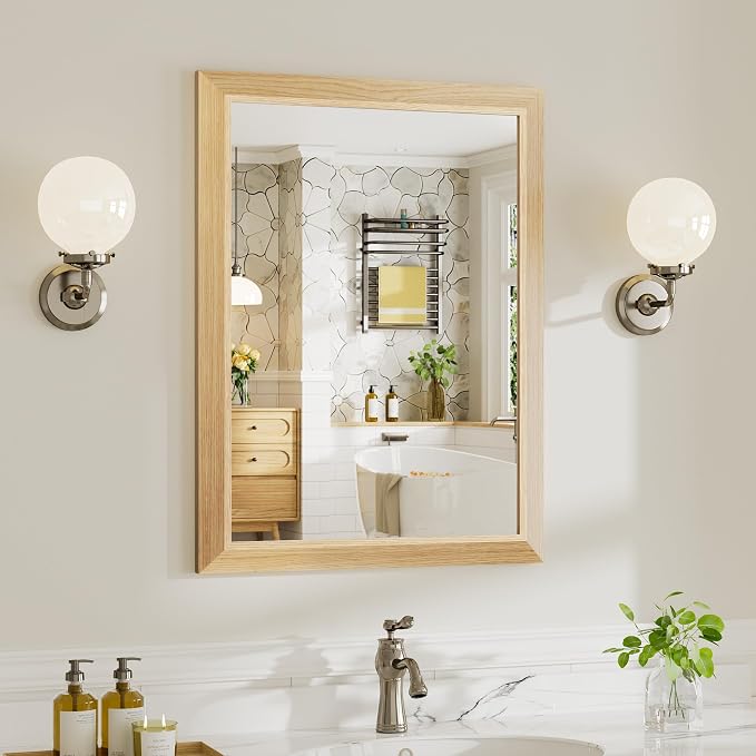 24x32 Inch Bathroom Mirror for Wall, Anti-Rust Oak Wood Grain Metal Framed by Briivuemodernmirrors