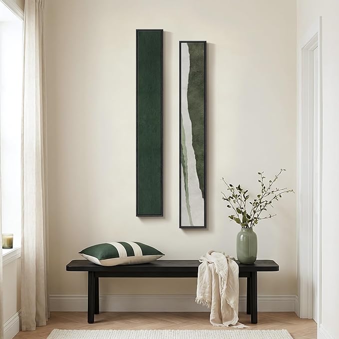Long Narrow Framed Green Vertical Abstract Wall Art Set, 2 Piece Modern Canvas by Cuspin