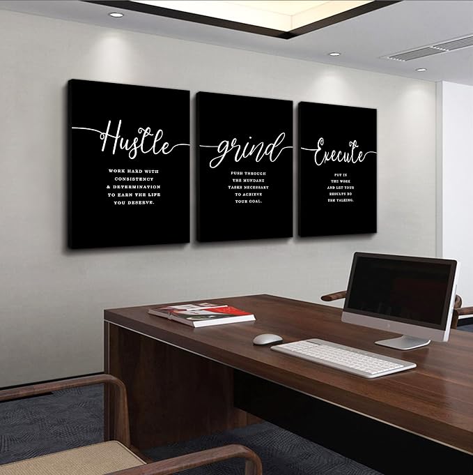 Office Decor - Hustle Quotes Execute Prints, Framed Canvas Wall Art Grind Quote - Image 2