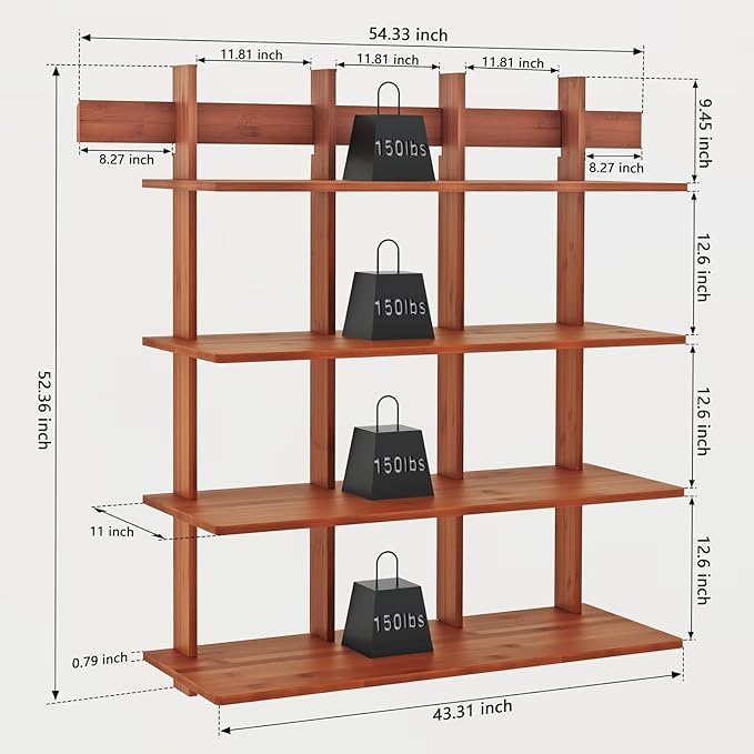 4-Tier Wall Mounted Bamboo Bookshelf, 43×52 Inch Large Floating Shelves - Image 3