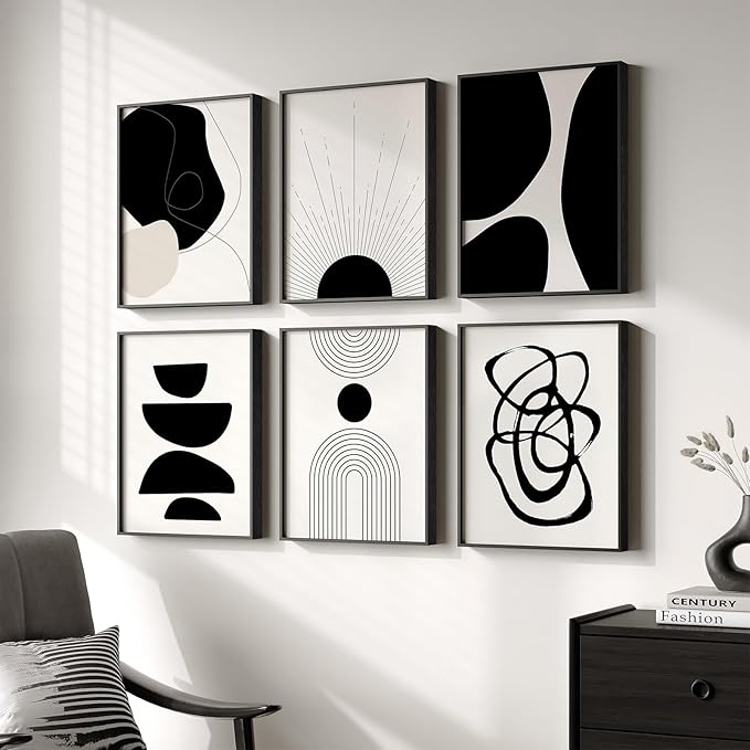 Framed Boho Black and White Abstract Wall Art, Minimalist Geometric Pictures by Cuspin
