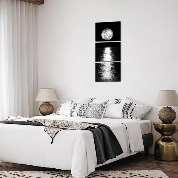 Artmyharbor Full Moon Phase Canvas Wall Art Vertical Black and White Picture - Image 3