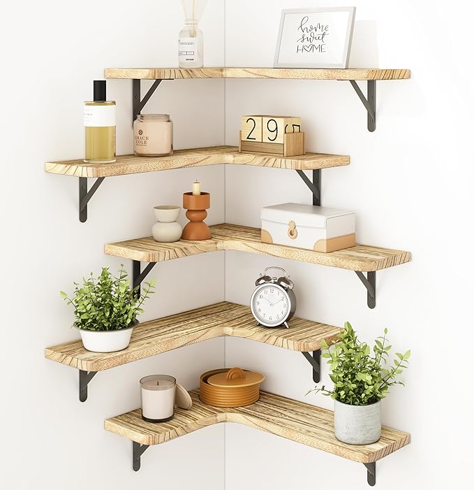 Fixwal Floating Shelves for Wall Set of 5, Rustic Wood Wall Mounted Corner by Fixwal