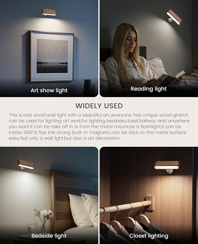 Wood LED Wall Sconce Magnetic 360°Rotate Mounted Mini Lamp Brightness - Image 9