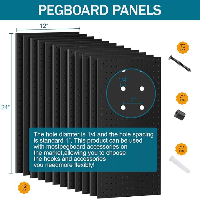 12 Pack 12-Inch X 24-Inch Metal Pegboard Wall Panels, Peg Boards - Image 2