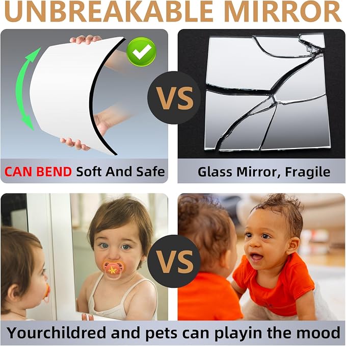 Stick on Small Mirror for Wall Decor, 4 Pack 13.8”x13.8” Acrylic Mirror Tiles - Image 7