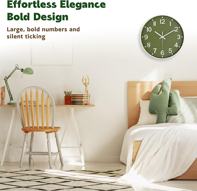Silent Wall Clock Non-Ticking Battery Operated – Modern Olive Green Analog Wall - Image 3