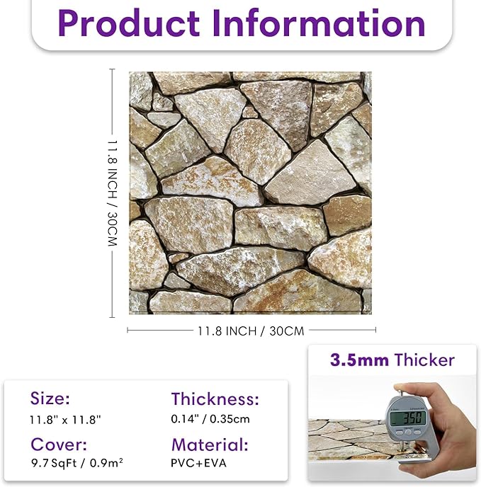 3D Peel and Stick Faux Stone Wall Panels 11.8" x 11.8" 10-Pack, Stone-Look Wall - Image 3