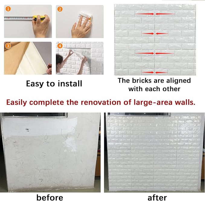 YU LI 3DH 3D Wall Panels Peel and Stick 20PCS White Foam Brick Wallpaper - Image 6