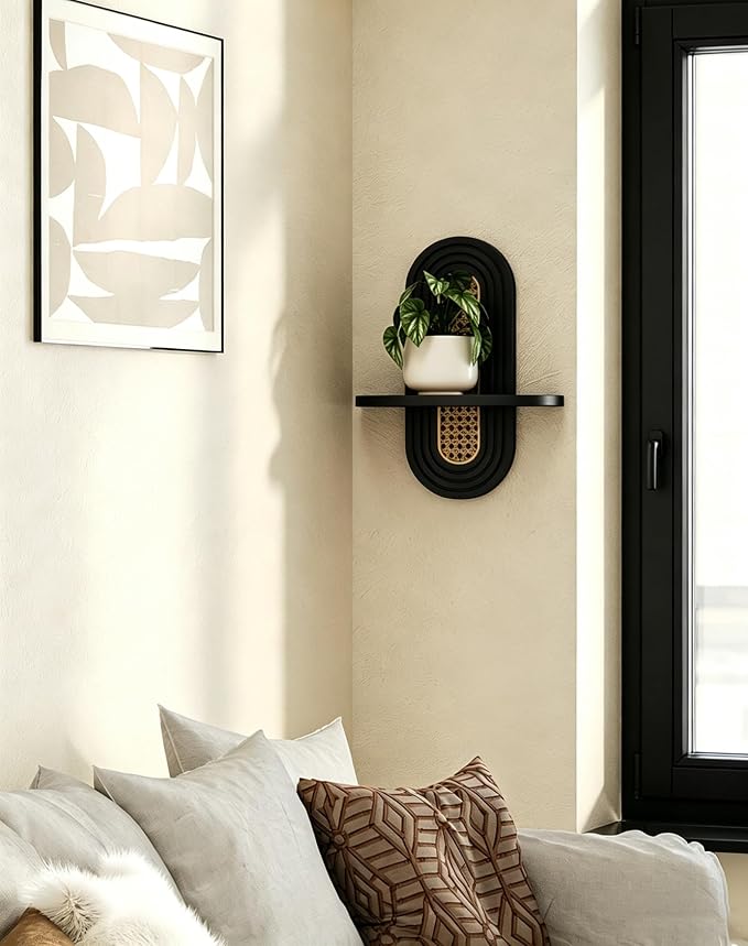 Floating Shelves for Wall, Boho Home Wall Decor, Rattan Plant Shelf Set of 2 - Image 4