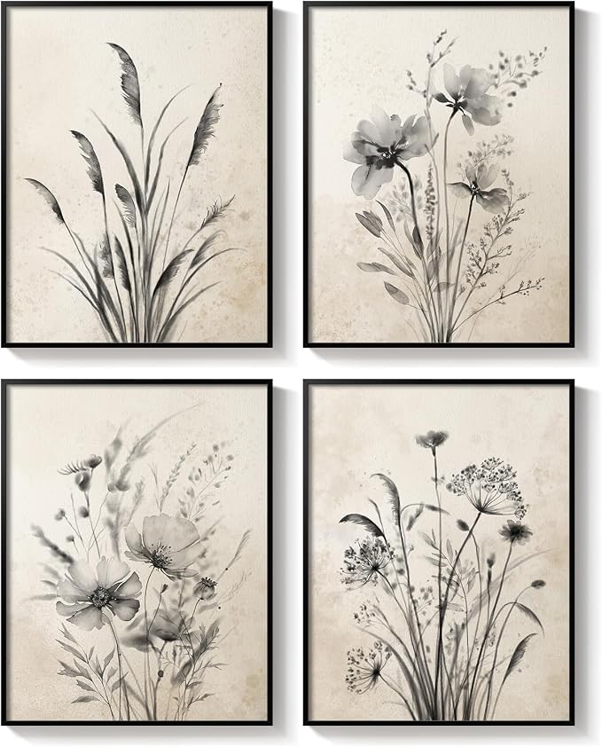 Framed Vintage Botanical Wall Art, 4 Piece Neutral Rustic Boho Floral Canvas - Image 8