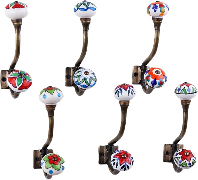 Indian Shelf Pack of 6 Heavy Duty Double Prong Multicolor Decorative Coat Hooks by IndianShelf