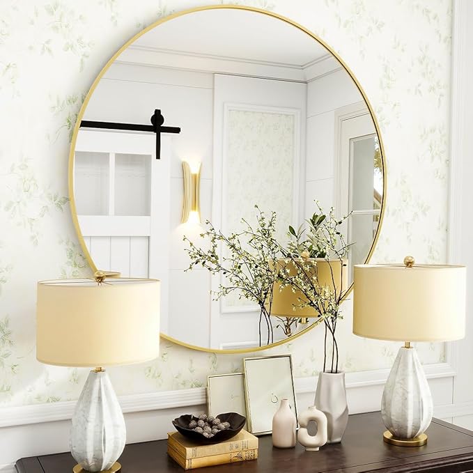 VooBang Gold Round Bathroom Mirror, 30 inch Circle Wall Mounted Hanging Mirror - Image 5