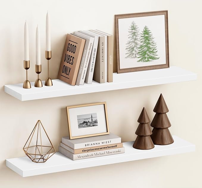 Harwaya White Wood Floating Shelves 36 Inches Long Set of 2, Large Modern Wall by Harwaya