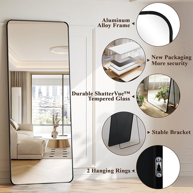 XRAMFY 65"x24" Floor Full Length Mirror Standing Full Body Rounded Corner - Image 4