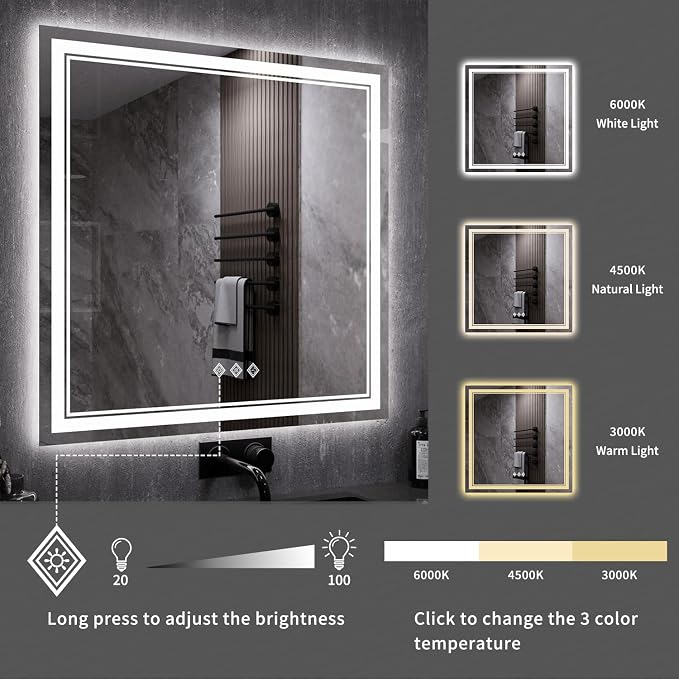 LED Mirror, 40x40 Inch Gradient Front and Backlight Bathroom Mirrors - Image 5