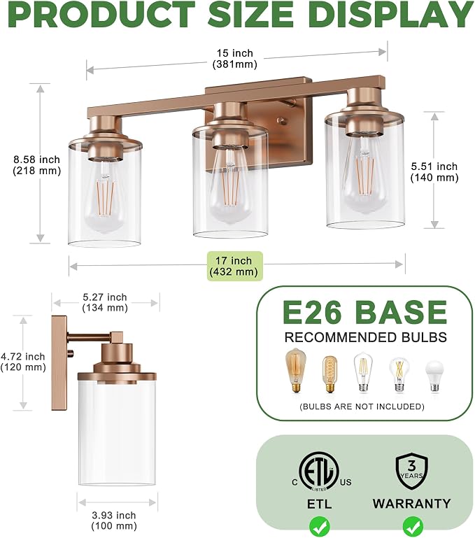 DORESshop 17 Inch Bathroom Light Fixtures, 3-Light Antique Patina Bathroom - Image 5