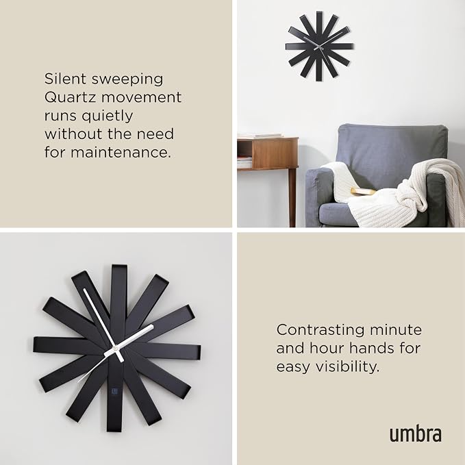 Umbra Ribbon Modern 12" Wall Clock, Silent Non Ticking Battery Operated Quartz - Image 6
