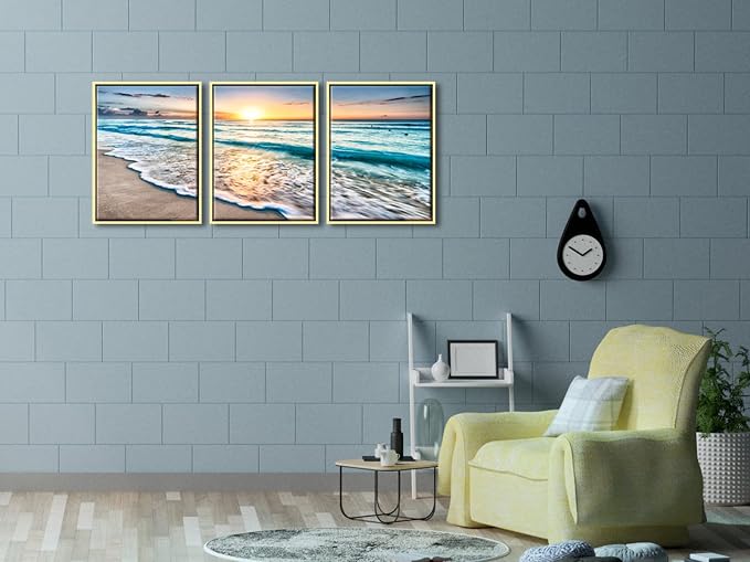 Wieco Art Framed Canvas Wall Art 3 Panel Blue Beach - Image 5