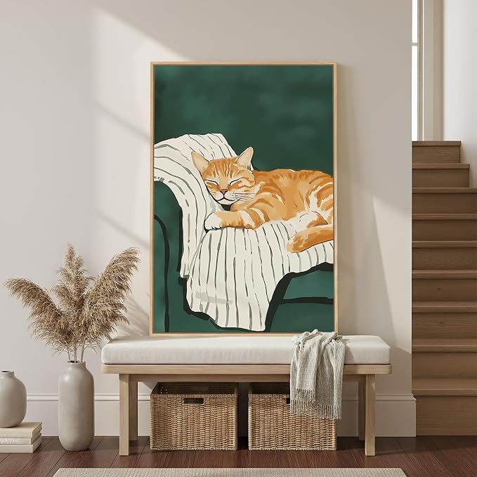 Framed Animal Wall Art for Bedroom Wall, Large Cozy Orange Tabby Cat Canvas - Image 7