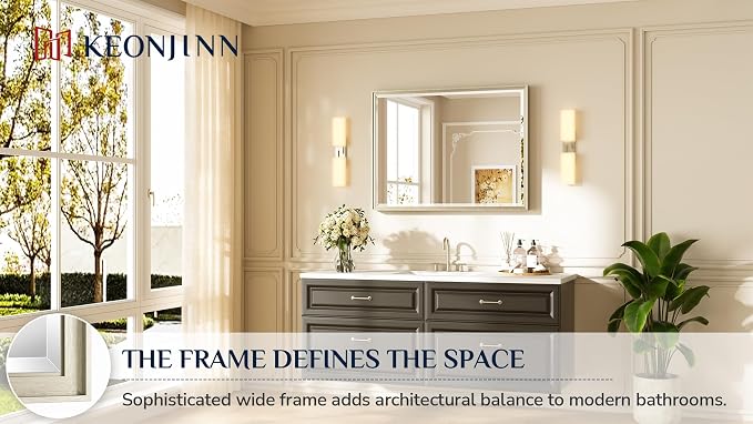 Keonjinn 40" x 30" Brushed Nickel Bathroom Vanity Mirror, Beveled Tempered Glass - Image 7
