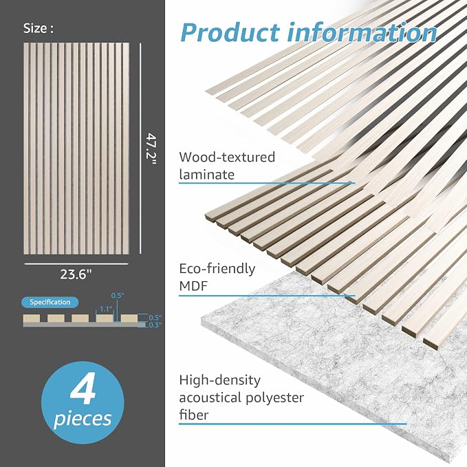 Art3d 4 Pack 47.2 x 23.6in. Wood Slat Acoustic Panels - Image 6