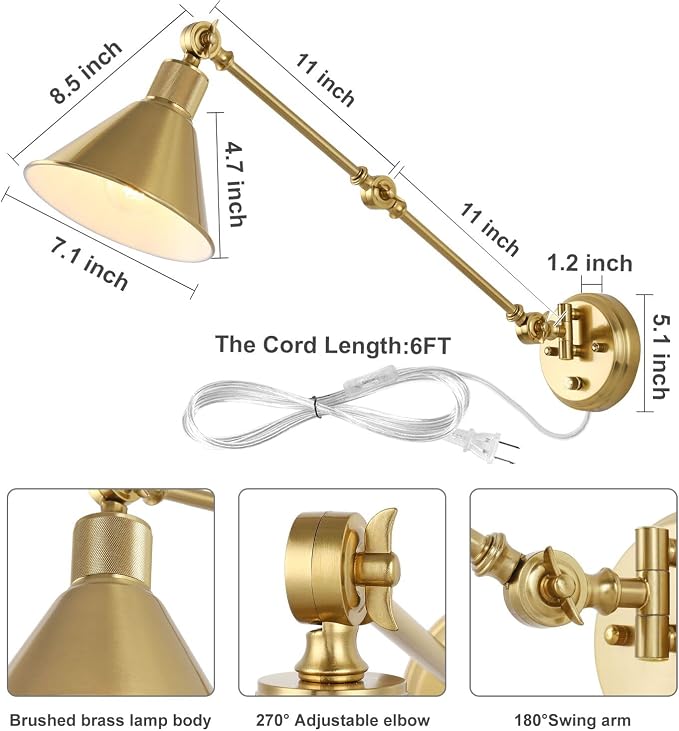 TRLIFE Wall Sconce Plug in, Brushed Brass Dimmable Wall Sconce Swing Arm Wall - Image 5