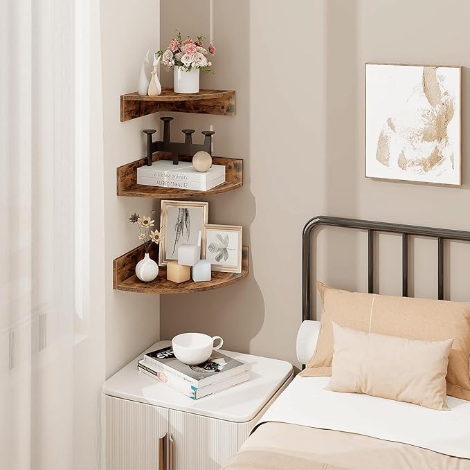 Homode Corner Shelf Wall Mount, 3 Tier Wood Wall Display Shelf, Storage - Image 2