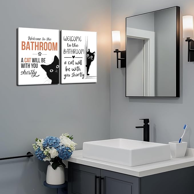 MUWAK Funny Welcome to the Bathroom Slogan Wall Art Set of 2 – Cat will Be - Image 6