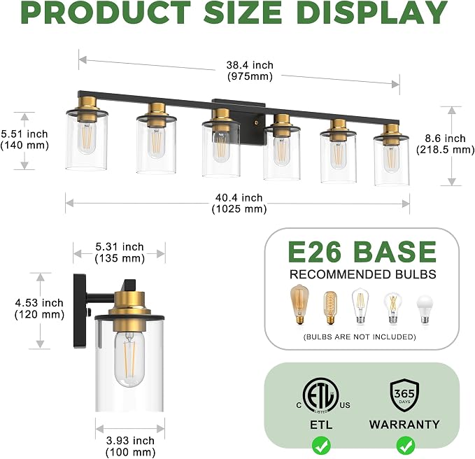 DORESshop Bathroom Light Fixtures, 6-Light Gold and Black Bathroom Lighting - Image 3