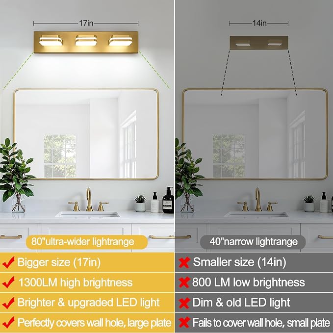 360° Rotate LED Bathroom Vanity Light Fixtures, 1300LM Acrylic Gold Vanity - Image 5
