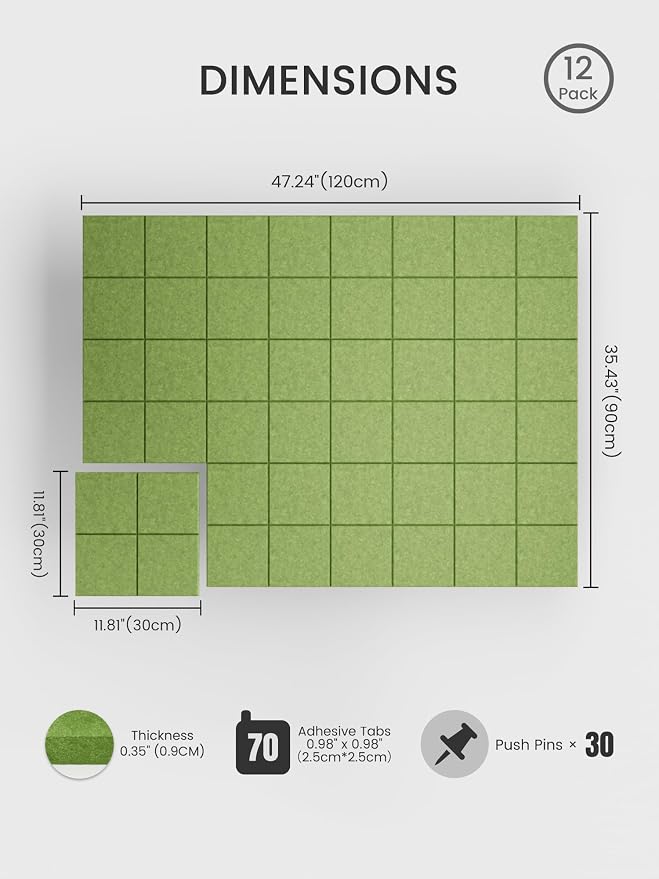 Bumusty Large Felt Bulletin Board, 30 Push Pins, 70 Adhesive Tabs, Kelly Green - Image 2