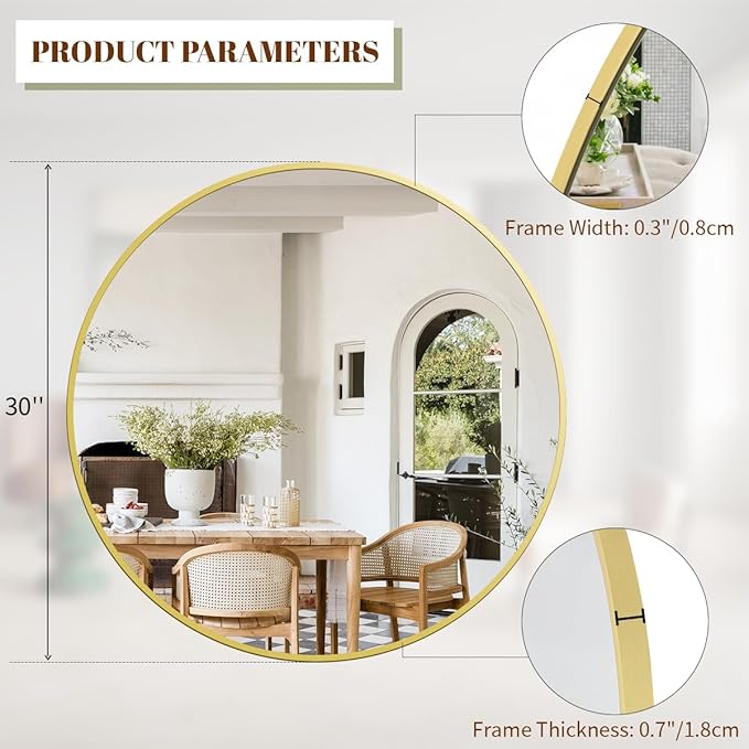BEAUTYPEAK 30 Inch Round Mirror, Metal Frame Circle Mirror, Wall Mounted - Image 4