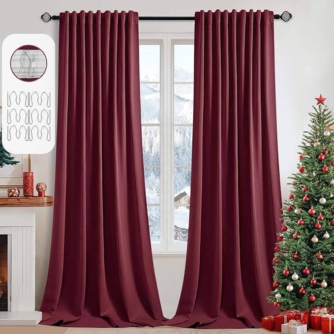 MIULEE Christmas Wine Red Back Tab Blackout Curtain 96 Inch Long 2 Panels Set by MIULEE