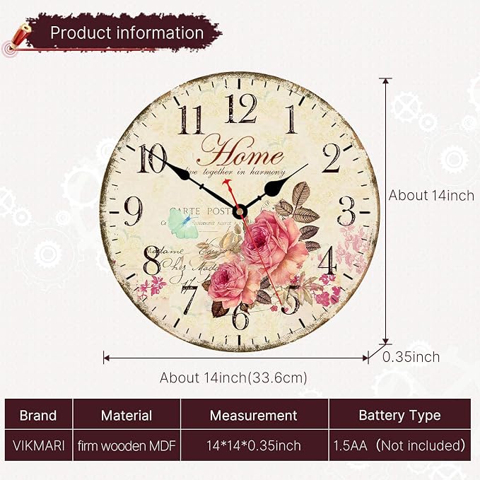 VIKMARI 14 Inch Wooden Wall Clock Art Hanging Clocks Silent Non-Ticking Wall - Image 3
