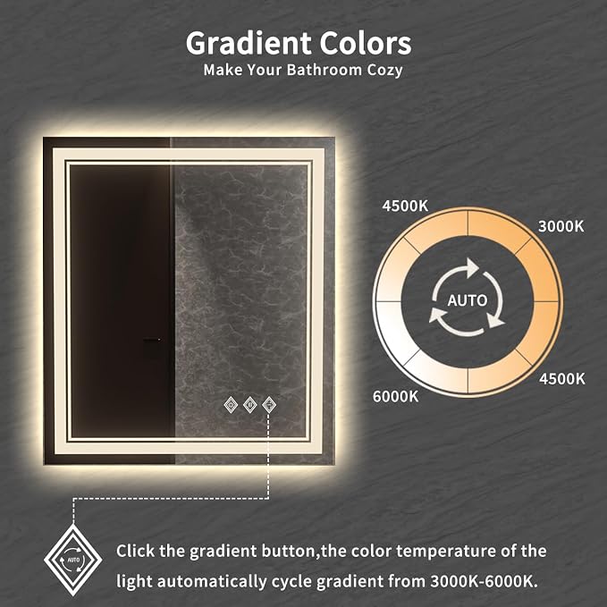 Bathroom Mirror, 32x36 Inch Gradient Front and Backlit LED Mirror - Image 3