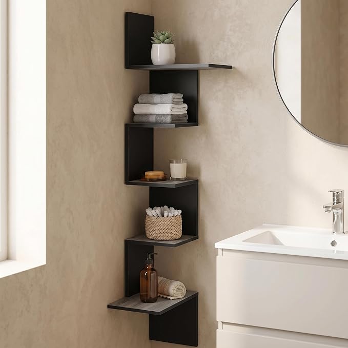 Furinno Rossi Wall Mounted Shelves, 5-Tier Rectangle, French Oak Grey/Black - Image 2