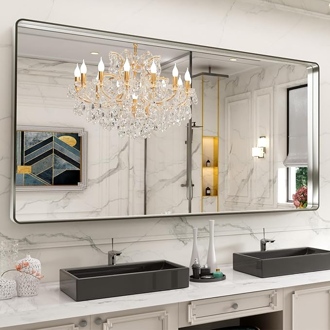 LOAAO 72X40 Inch Brushed Nickel Bathroom Mirror, Rounded Rectangle Silver Metal by LOAAO
