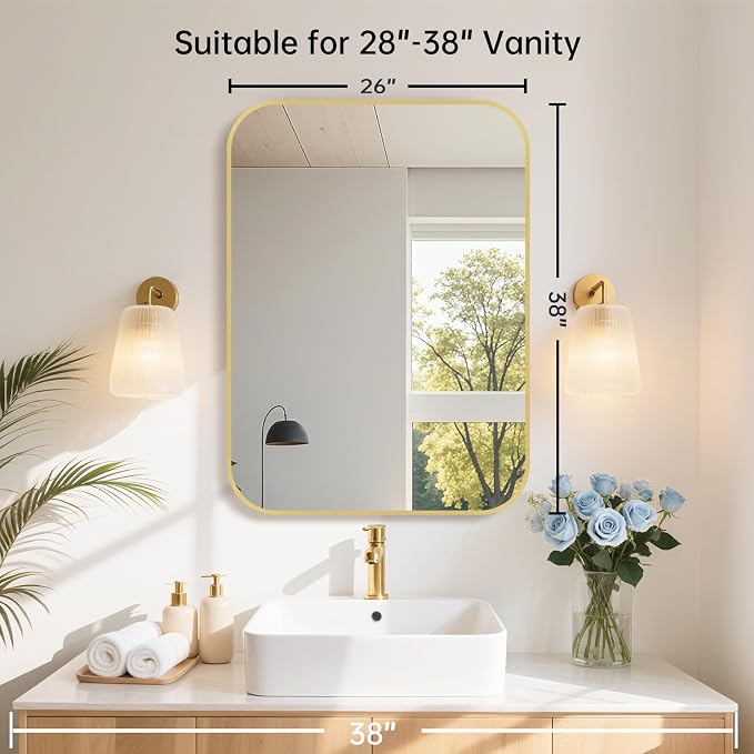 26x38 Inch Gold Bathroom Mirror, Brushed Brass Gold Metal Framed Rectangular - Image 7
