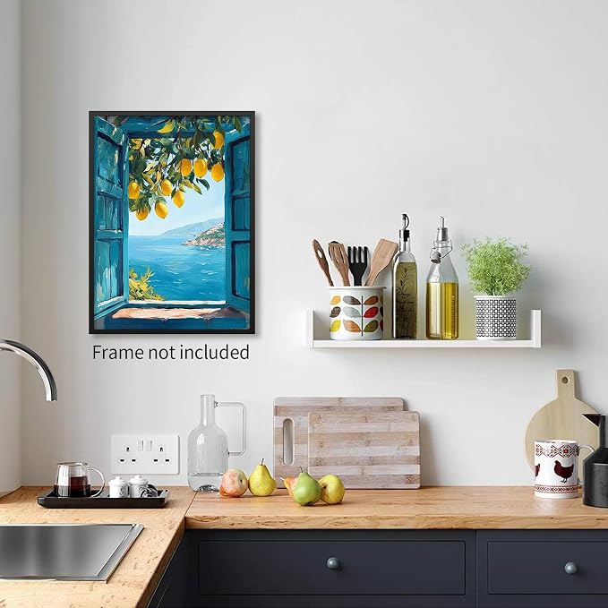 Mediterranean Window View Wall Art Coastal Lemon Tree Canvas Prints Blue - Image 6