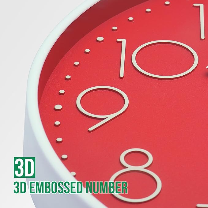 Wall Clock 12 Inch Non-Ticking Silent Modern Simple Style Round Decor Clock Red - Image 6