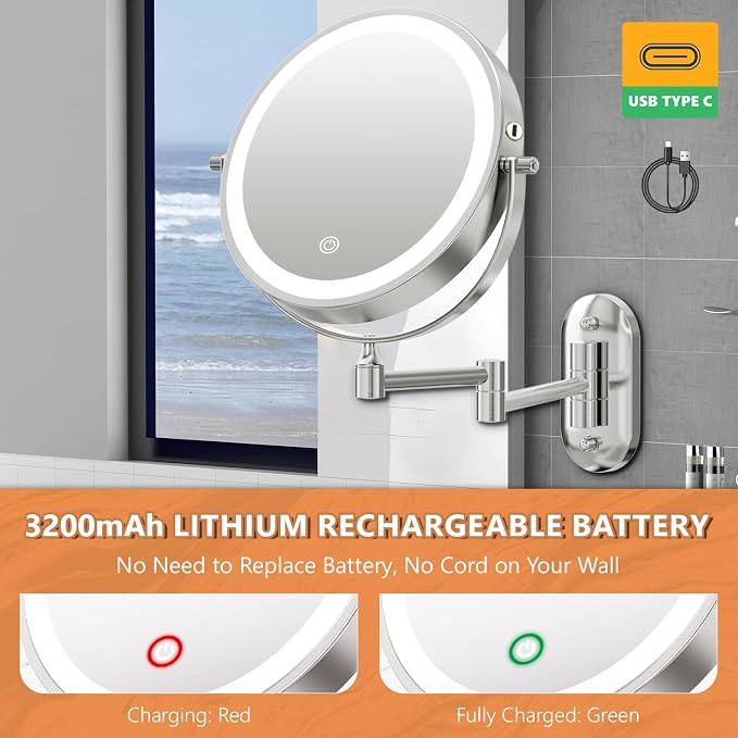 Auxmir 1X/30X Wall Mounted Lighted Makeup Mirror, Touch Dimmable 3 Color Light - Image 7