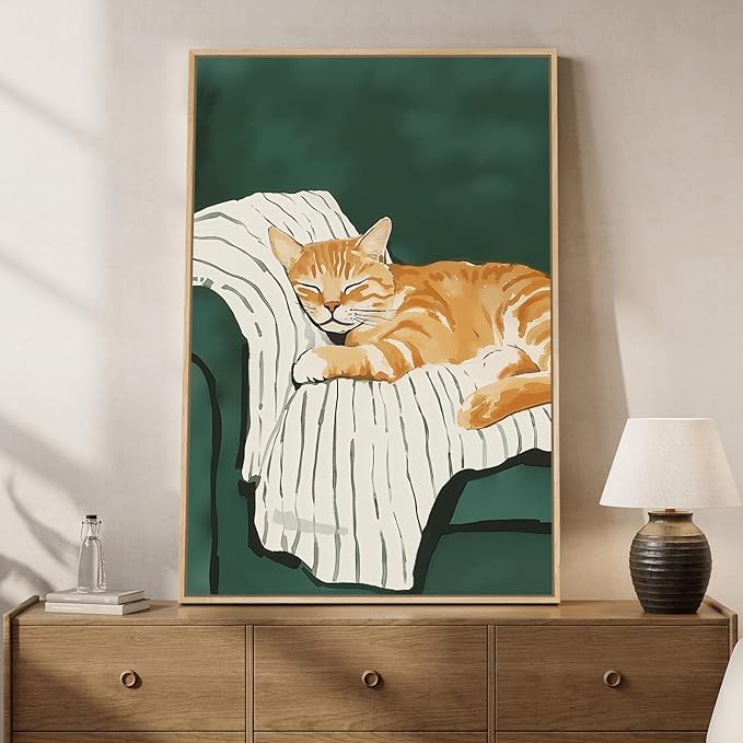 Framed Animal Wall Art for Bedroom Wall, Large Cozy Orange Tabby Cat Canvas by Cuspin