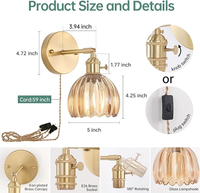 Shenmoyl Plug in Wall Sconce, Amber Tulip Glass Lampshade Wall Light Plugin - Image 5