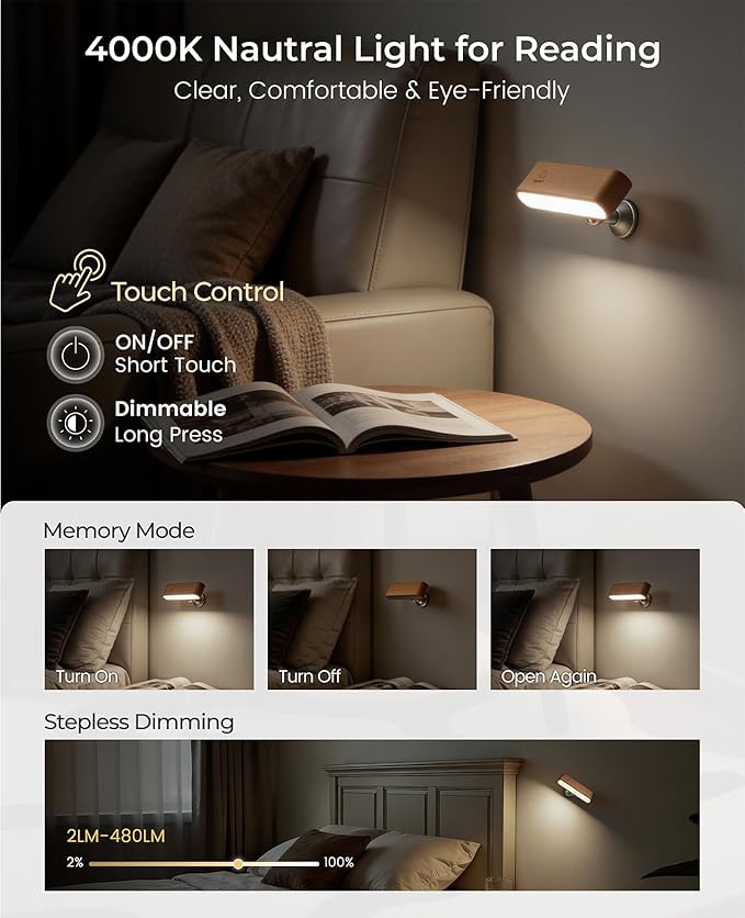 Wood LED Wall Sconce, Magnetic 360° Rotatable Wall Mounted Night Light & - Image 2