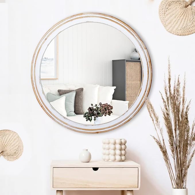 Reflinto 30 Inch Rustic Farmhouse Wooden Round Mirrors - Image 4