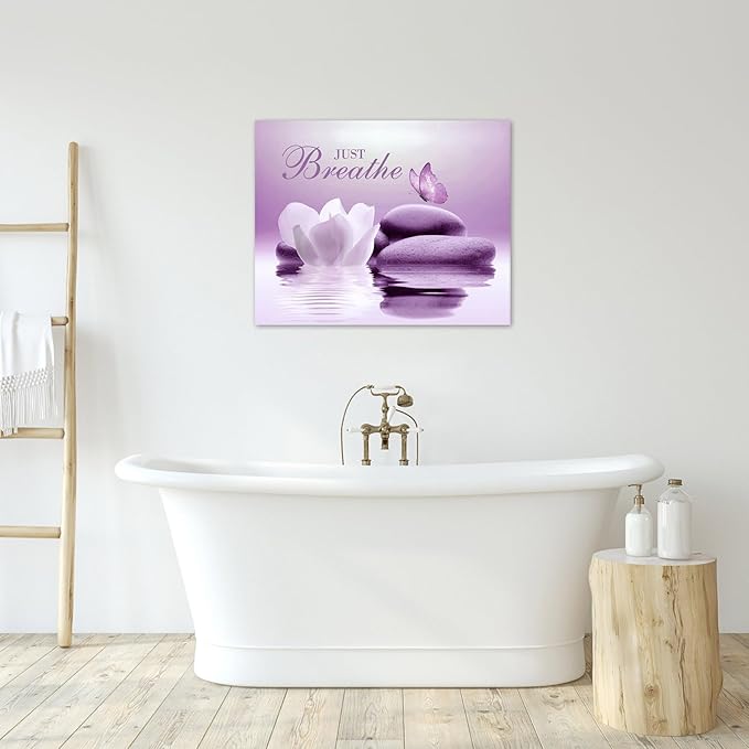 EOBTAIN Zen Bathroom Wall Art Butterfly and Flower Stone Relaxing Just Breathe - Image 3