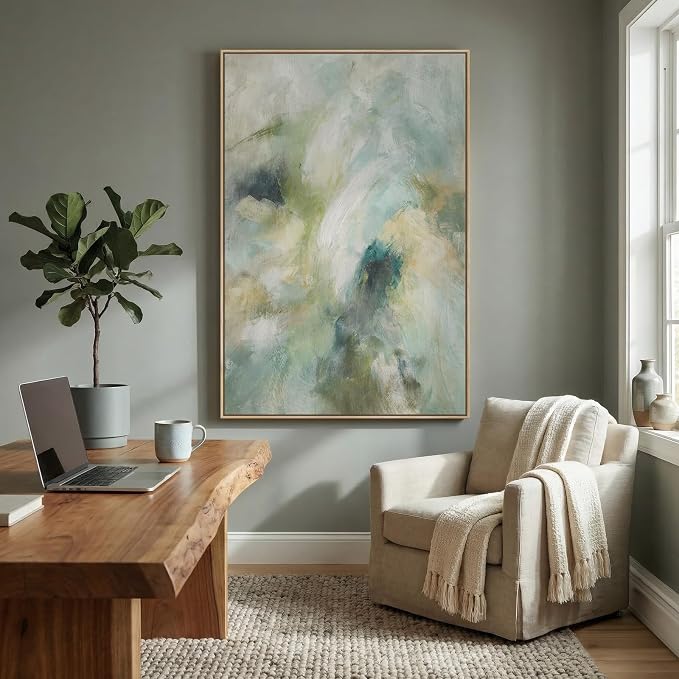 Extra Large Framed Teal Abstract Wall Art, Oversized Vertical Sage Green Canvas - Image 3