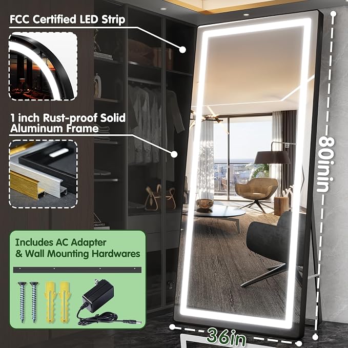 FENNIO Full Length Mirror with Lights, Wall Mounted Hanging Mirror with Lights - Image 2
